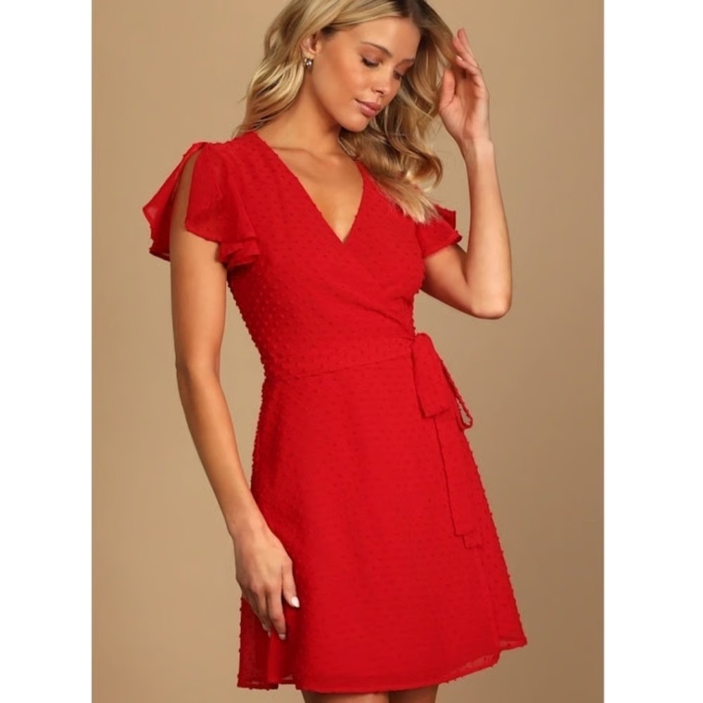 NWT Lulus XS Much to Celebrate Berry Swiss Dot Flutter Sleeve Wrap Mini Dress
